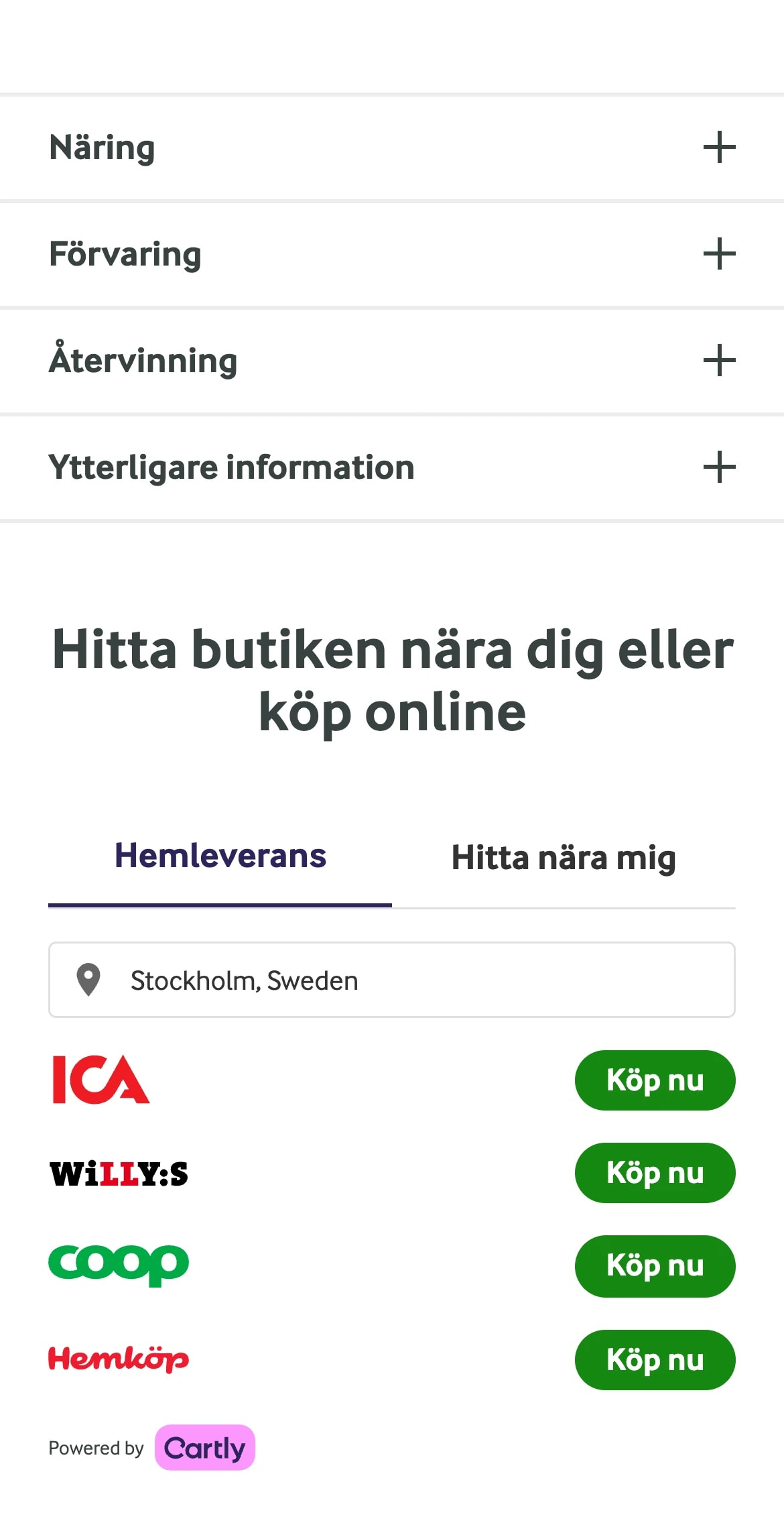 Product Finder på Arlas produktsida i mobilen
